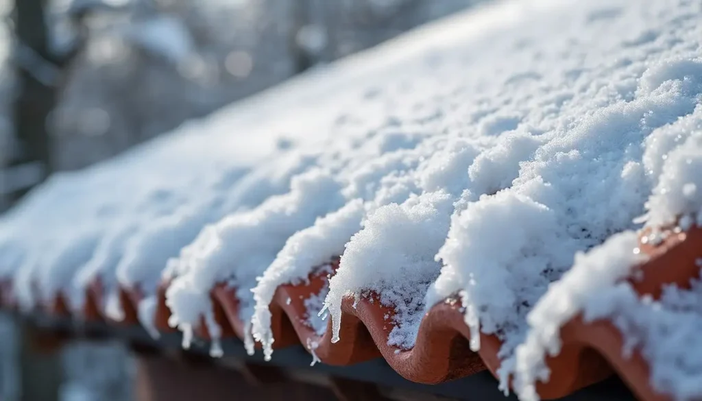 Takplattor med snö på. I behov av takbehandling inför vintern.